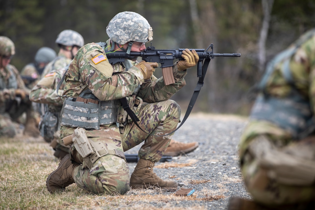 Alaska National Guard Soldiers and Airmen compete amongst one another in a series of marksmanship events at Joint Base Elmendorf-Richardson, May 15, 2021, as part of the 2021 Alaska National Guard Adjutant General Match, or TAG Match. TAG Match is a marksmanship competition comprising several timed pistol and rifle events. (U.S. Army National Guard photo by Spc. Grace Nechanicky)