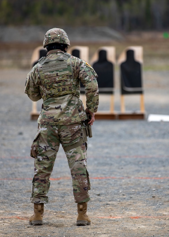 Alaska National Guard Soldiers and Airmen compete amongst one another in a series of marksmanship events at Joint Base Elmendorf-Richardson, May 15, 2021, as part of the 2021 Alaska National Guard Adjutant General Match, or TAG Match. TAG Match is a marksmanship competition comprising several timed pistol and rifle events. (U.S. Army National Guard photo by Spc. Grace Nechanicky)