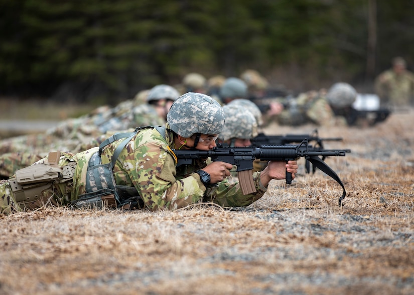 Alaska National Guard Soldiers and Airmen compete amongst one another in a series of marksmanship events at Joint Base Elmendorf-Richardson, May 15, 2021, as part of the 2021 Alaska National Guard Adjutant General Match, or TAG Match. TAG Match is a marksmanship competition comprising several timed pistol and rifle events. (U.S. Army National Guard photo by Spc. Grace Nechanicky)