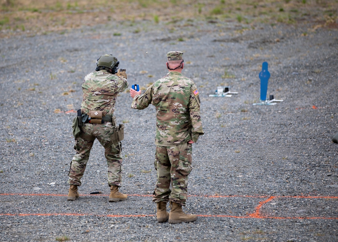 Alaska National Guard Soldiers and Airmen compete amongst one another in a series of marksmanship events at Joint Base Elmendorf-Richardson, May 16, 2021, as part of the 2021 Alaska National Guard Adjutant General Match, or TAG Match. TAG Match is a marksmanship competition comprising several timed pistol and rifle events. (U.S. Army National Guard photo by Spc. Grace Nechanicky)