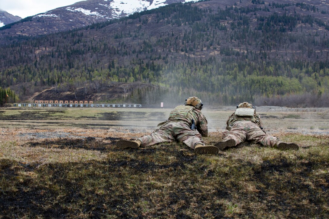 Alaska National Guard Soldiers and Airmen compete amongst one another in a series of marksmanship events at Joint Base Elmendorf-Richardson, May 15, 2021, as part of the 2021 Alaska National Guard Adjutant General Match, or TAG Match. TAG Match is a marksmanship competition comprising several timed pistol and rifle events. (U.S. Army National Guard photo by Spc. Jacob Stone)