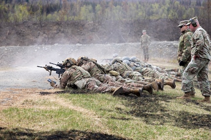 Alaska National Guard Soldiers and Airmen compete amongst one another in a series of marksmanship events at Joint Base Elmendorf-Richardson, May 15, 2021, as part of the 2021 Alaska National Guard Adjutant General Match, or TAG Match. TAG Match is a marksmanship competition comprising several timed pistol and rifle events. (U.S. Army National Guard photo by Spc. Jacob Stone)