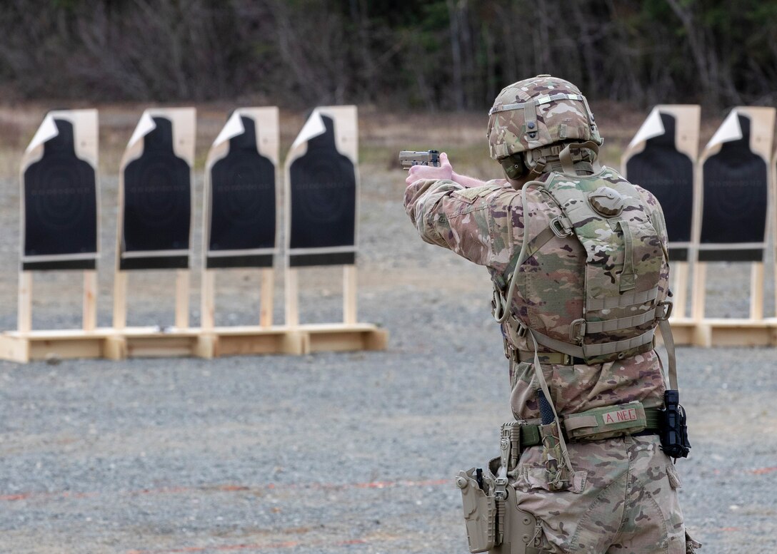 Alaska National Guard Soldiers and Airmen compete amongst one another in a series of marksmanship events at Joint Base Elmendorf-Richardson, May 15, 2021, as part of the 2021 Alaska National Guard Adjutant General Match, or TAG Match. TAG Match is a marksmanship competition comprising several timed pistol and rifle events. (U.S. Army National Guard photo by Spc. Jacob Stone)