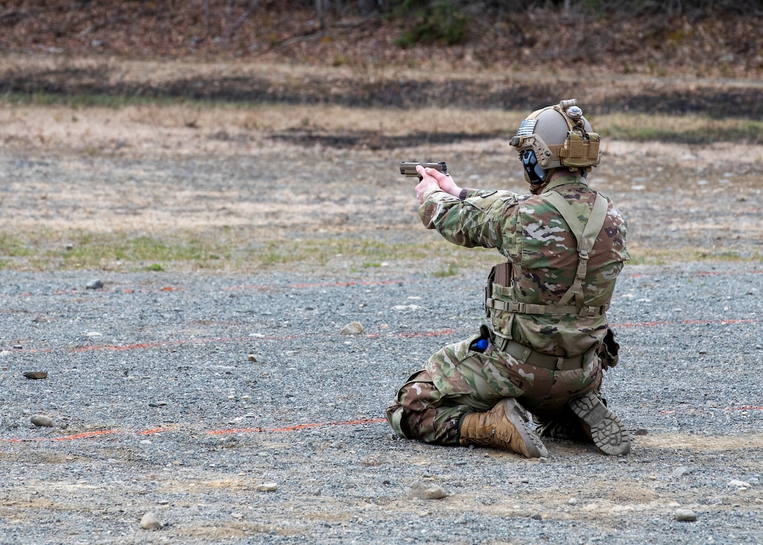 Alaska National Guard Soldiers and Airmen compete amongst one another in a series of marksmanship events at Joint Base Elmendorf-Richardson, May 15, 2021, as part of the 2021 Alaska National Guard Adjutant General Match, or TAG Match. TAG Match is a marksmanship competition comprising several timed pistol and rifle events. (U.S. Army National Guard photo by Spc. Jacob Stone)