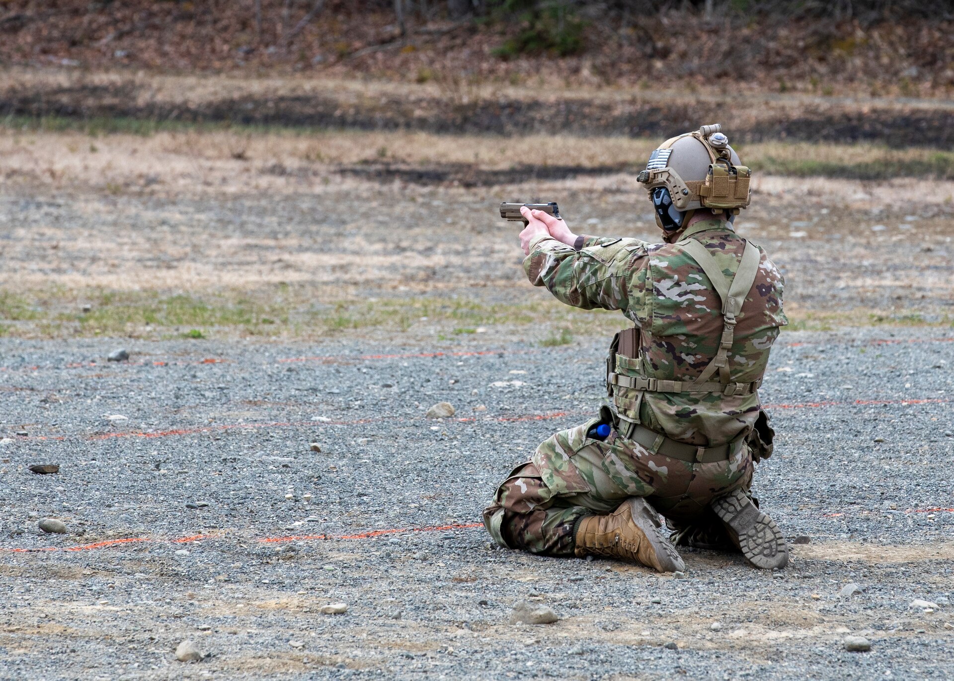 Alaska National Guard Soldiers and Airmen compete amongst one another in a series of marksmanship events at Joint Base Elmendorf-Richardson, May 15, 2021, as part of the 2021 Alaska National Guard Adjutant General Match, or TAG Match. TAG Match is a marksmanship competition comprising several timed pistol and rifle events. (U.S. Army National Guard photo by Spc. Jacob Stone)