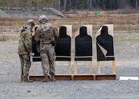 Alaska National Guard Soldiers and Airmen compete amongst one another in a series of marksmanship events at Joint Base Elmendorf-Richardson, May 15, 2021, as part of the 2021 Alaska National Guard Adjutant General Match, or TAG Match. TAG Match is a marksmanship competition comprising several timed pistol and rifle events. (U.S. Army National Guard photo by Spc. Jacob Stone)