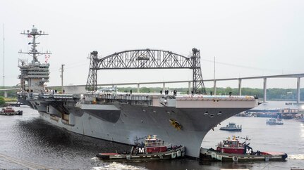 PORTSMOUTH, Va. (May 12, 2021) USS Harry S. Truman (CVN 75) departs Norfolk Naval Shipyard after completing a 10-month regularly scheduled extended carrier incremental availability. During the availability the ship underwent maintenance, repair and inspection of various equipment to include engineering, combat systems, aircraft support, and nuclear propulsion. (U.S. Navy photo by Mass Communication Specialist Seaman Cryton Vandiesal)