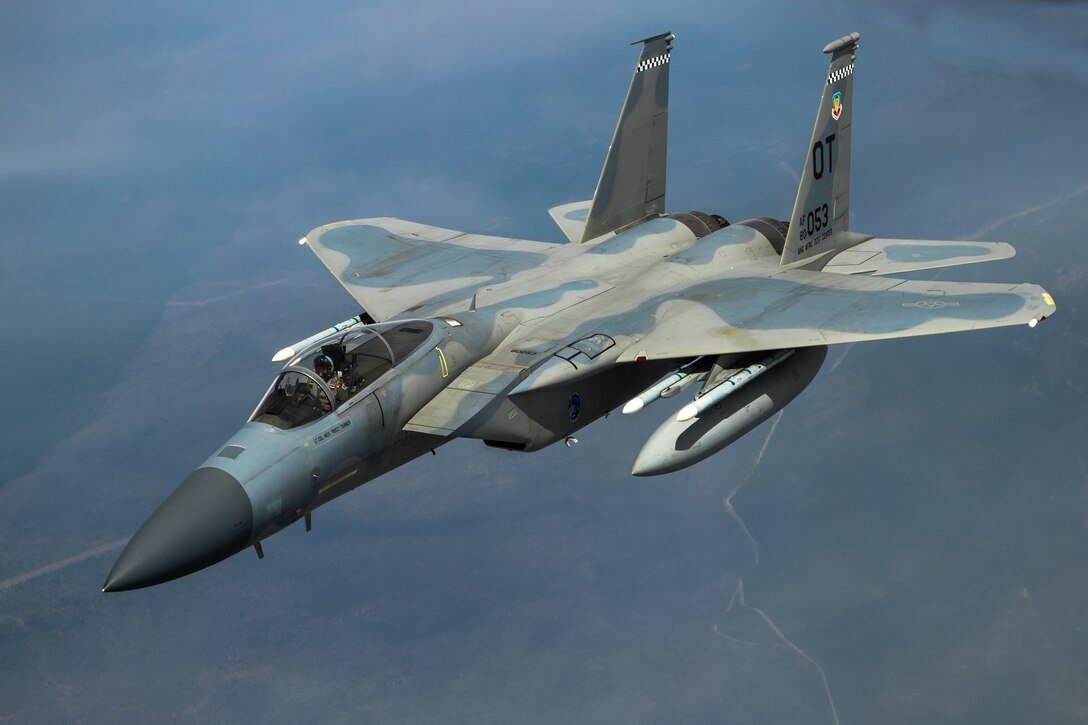 An F-15 from the 85th Test and Evaluation Squadron, 53rd Wing, out of Eglin Air Force Base, Florida conducts aerial refueling operations above the skies of Northern California, May 14. The aircraft participated in the Northern Edge 21 exercise in Alaska earlier in May. (Air Force photo by Ethan Wagner)