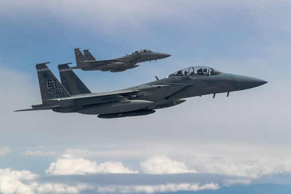 F-15EX Eagle II’s from the 40th Flight Test Squadron, 96th Test Wing, and 85th Test and Evaluation Squadron, 53rd Wing, both out of Eglin Air Force Base, Florida, fly in formation during an aerial refueling operation over Northern California, May 14. The aircraft participated in the Northern Edge 21 exercise in Alaska earlier in May. (Air Force photo by Ethan Wagner)