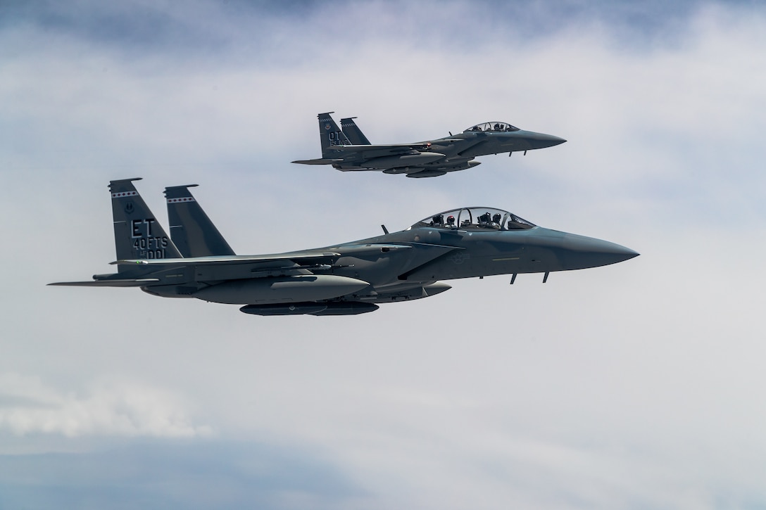 F-15EX Eagle II’s from the 40th Flight Test Squadron, 96th Test Wing, and 85th Test and Evaluation Squadron, 53rd Wing, both out of Eglin Air Force Base, Florida, fly in formation during an aerial refueling operation over Northern California, May 14. The aircraft participated in the Northern Edge 21 exercise in Alaska earlier in May. (Air Force photo by Ethan Wagner)