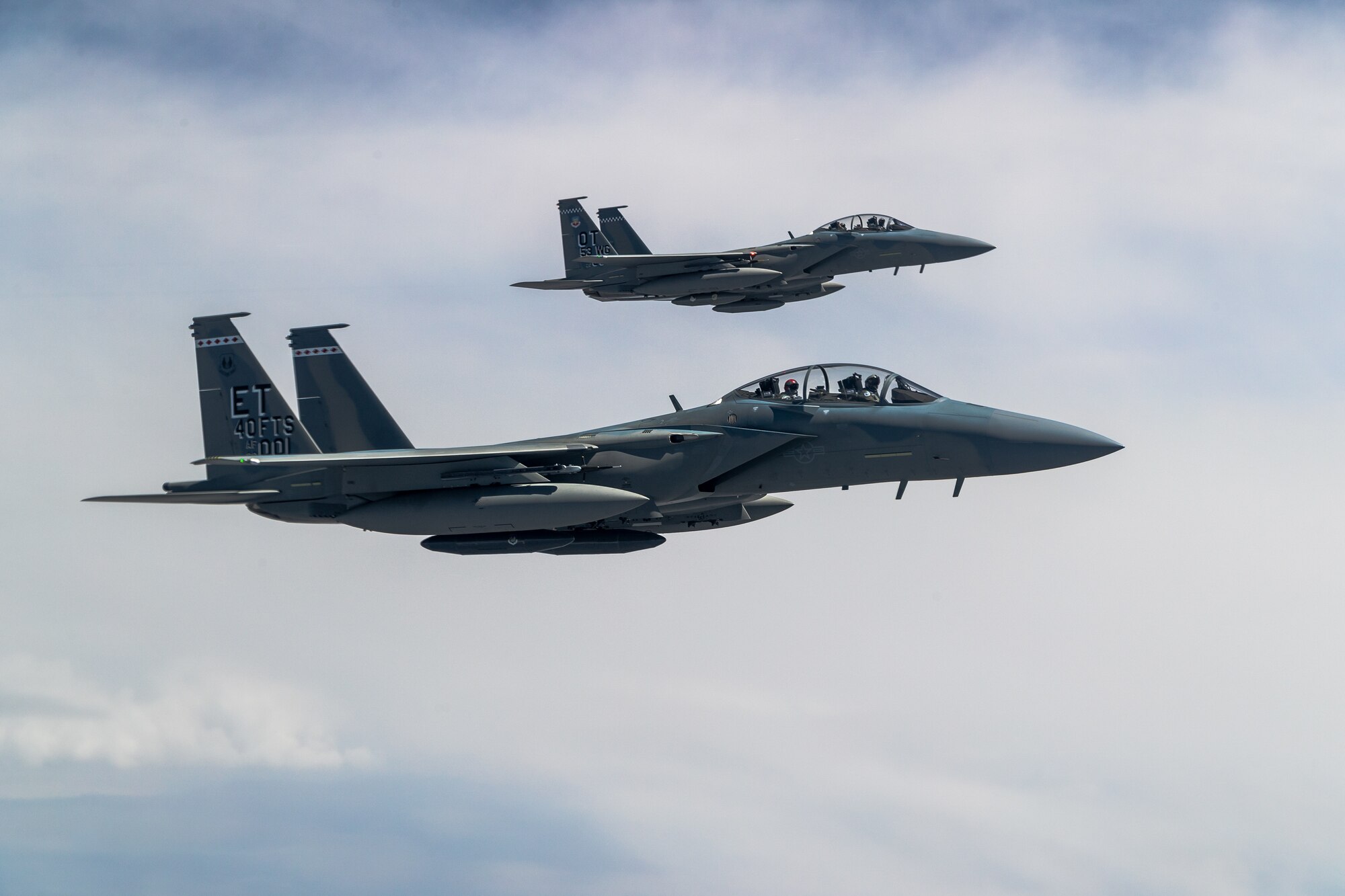 F-15EX Eagle II’s from the 40th Flight Test Squadron, 96th Test Wing, and 85th Test and Evaluation Squadron, 53rd Wing, both out of Eglin Air Force Base, Florida, fly in formation during an aerial refueling operation over Northern California, May 14. The aircraft participated in the Northern Edge 21 exercise in Alaska earlier in May. (Air Force photo by Ethan Wagner)