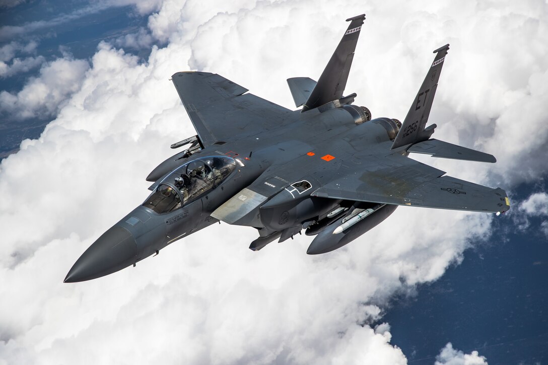An F-15 from the 40th Flight Test Squadron, 96th Test Wing, out of Eglin Air Force Base, conducts aerial refueling operations above the skies of Northern California, May 14. The aircraft participated in the Northern Edge 21 exercise in Alaska earlier in May.  (Air Force photo by Ethan Wagner)
