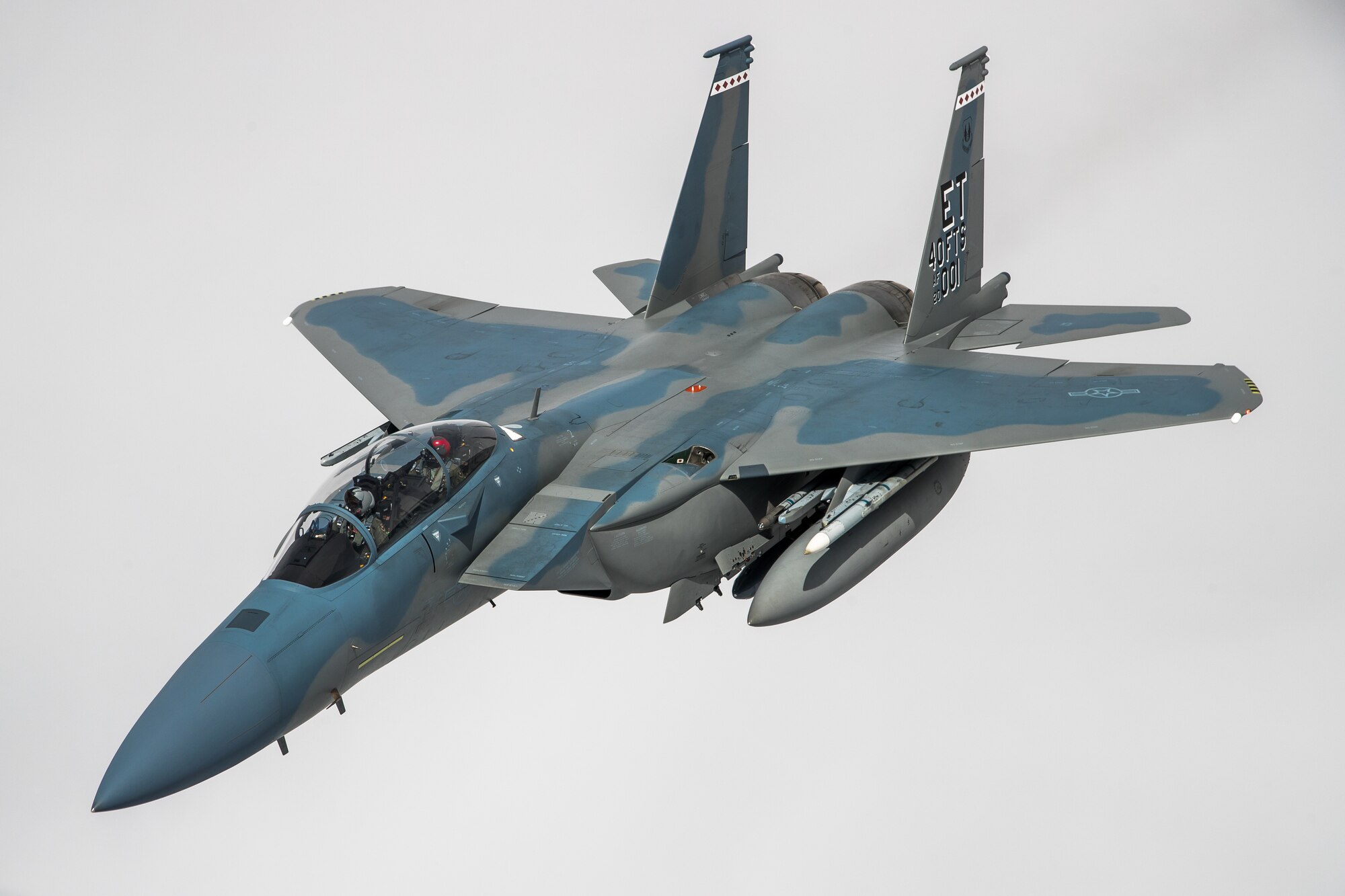 An F-15EX Eagle II from the 40th Flight Test Squadron, 96th Test Wing out of Eglin Air Force Base, Florida, flies in formation during an aerial refueling operation above the skies of Northern California, May 14. The Eagle II participated in the Northern Edge 21 exercise in Alaska earlier in May. (Air Force photo by Ethan Wagner)