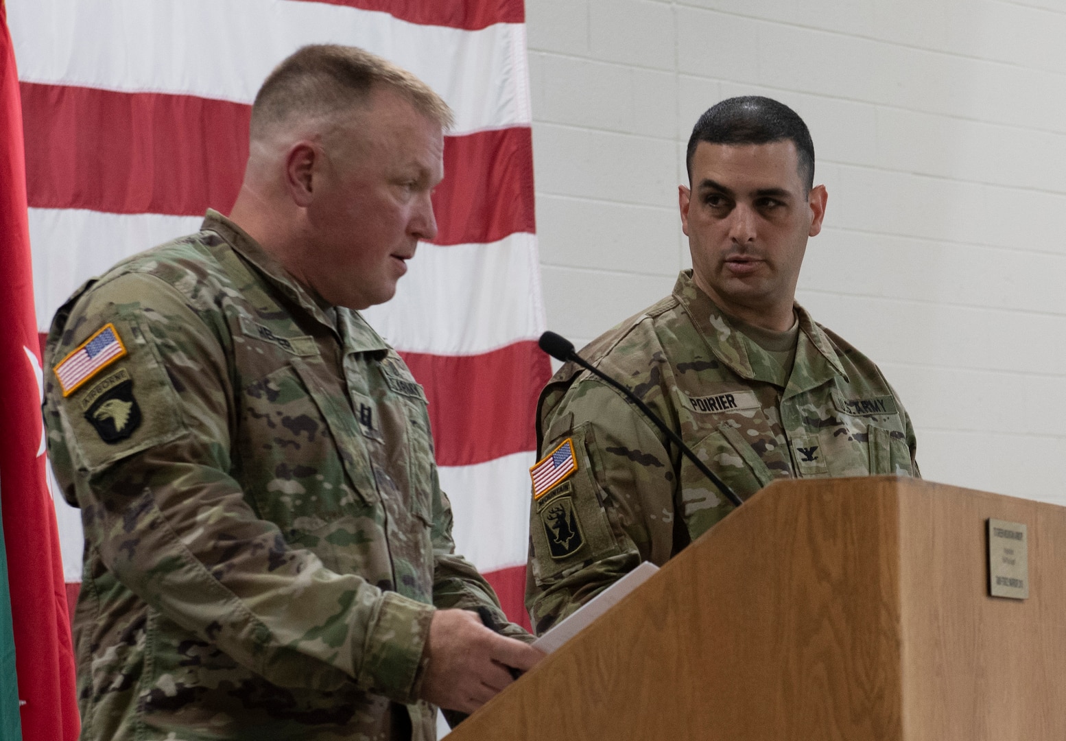 Col. Leonard Poirier (right), officer in charge of Task Force Mansfield, and Capt. Mathew Hefner, an administrative officer in the Vermont National Guard’s operations directorate, review a rehearsal for Task Force Mansfield’s sendoff ceremony May 18, 2021, at Camp Johnson, Vermont. Approximately 50 guests attended the ceremony, the last one of several that have seen the deployment of more than 1,000 Vermont National Guard Soldiers. (U.S. Army National Guard photo by Don Branum)