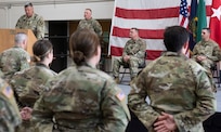 Col. Justin Davis, director operations for the Vermont Army National Guard, delivers remarks at the sendoff ceremony for Task Force Mansfield at Camp Johnson, Vermont, May 18, 2021. The Soldiers in Task Force Mansfield are among the last of more than 1,000 slated to deploy to Europe and the Middle East in support of federal missions. (U.S. Army National Guard photo by Don Branum)