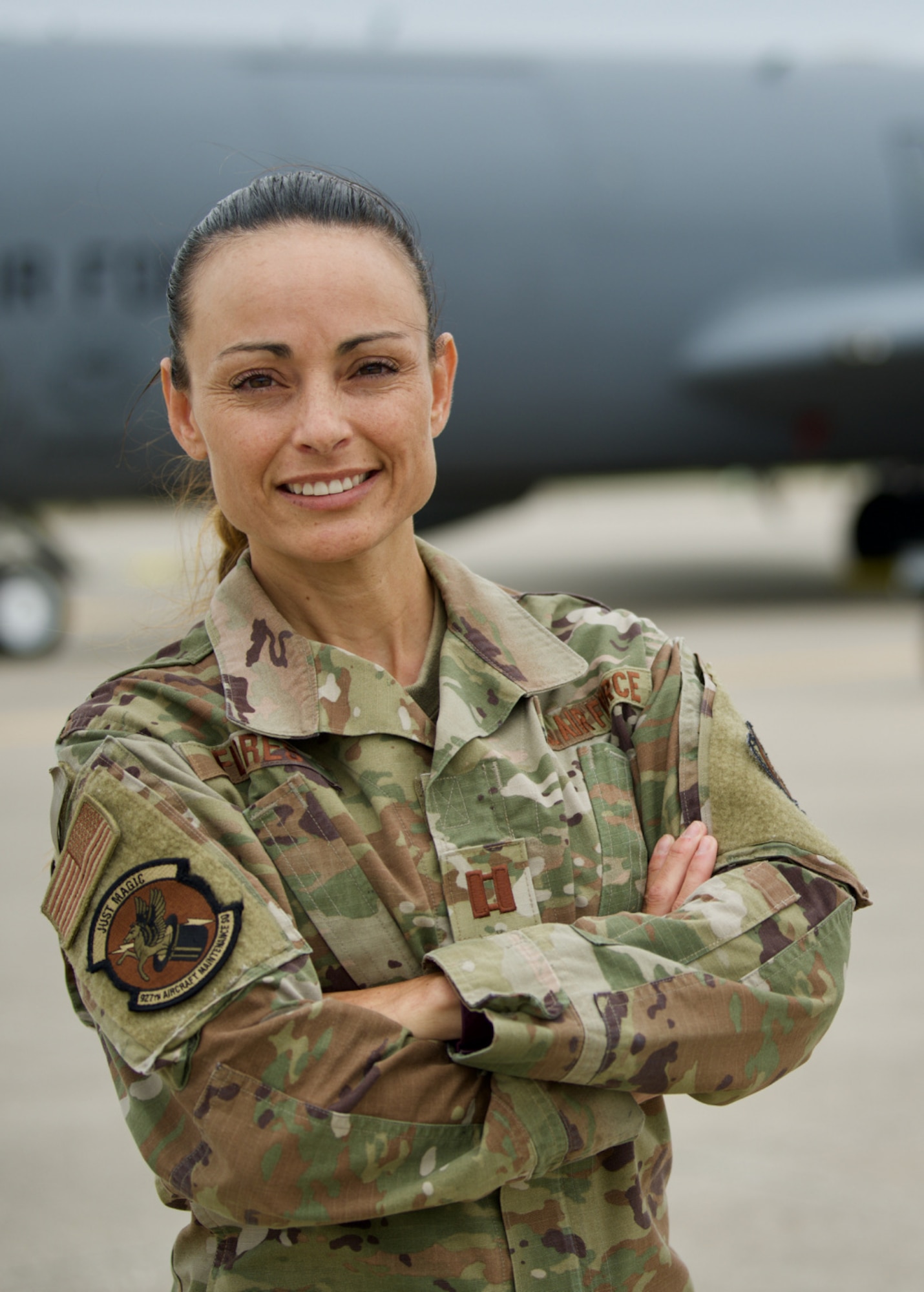 Capt. Kierstin Flores, 927th Aircraft Maintenance Squadron maintenance operation officer, poses for a portrait in front of a KC-135 Stratotanker on MacDill Air Force Base, Florida, May 13, 2021. Flores was previously assigned to 6th Air Refueling Wing and transferred to the 927th ARW as an active reserve technician. (U.S. Air Force photo by Staff Sgt. Bradley Tipton)