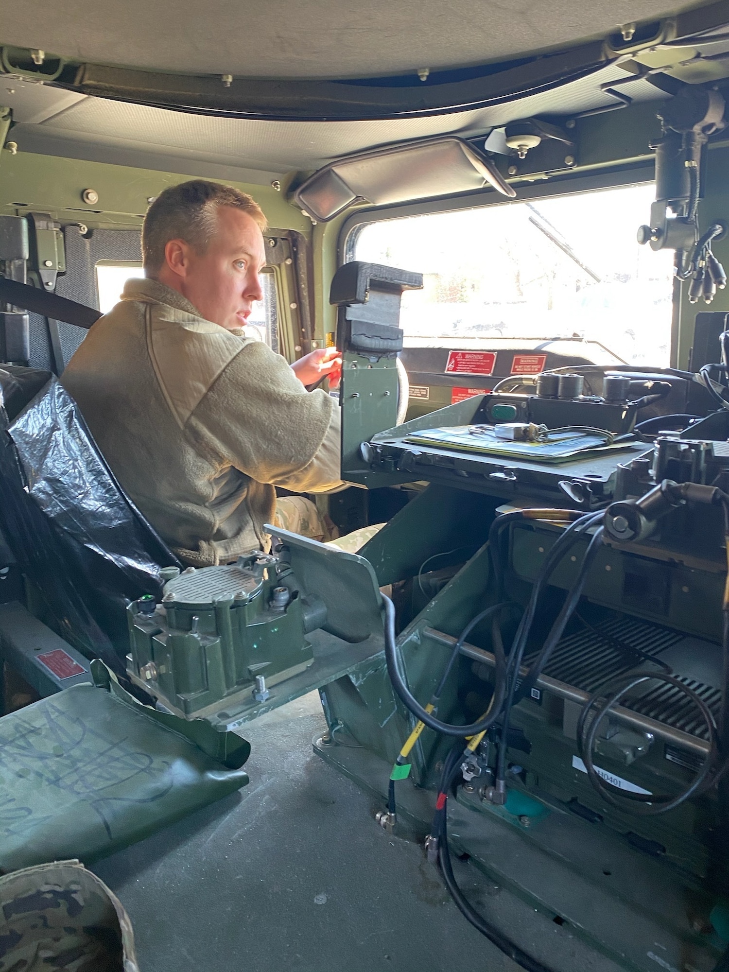 Senior Airman Daniel Romans, operations management journeyman, 155th Civil Engineer Squadron, trains on humvee operations at the North Dakota Air National Guard Regional Training Site in Fargo, N.D., April 12, 2021. Nebraska Air National Guard members traveled to the RTS to receive upgrade training in six different career fields, allowing them to become more experienced and knowledgeable in their career field. (Courtesy photo by Senior Master Sgt. Sarah Bredthauer)