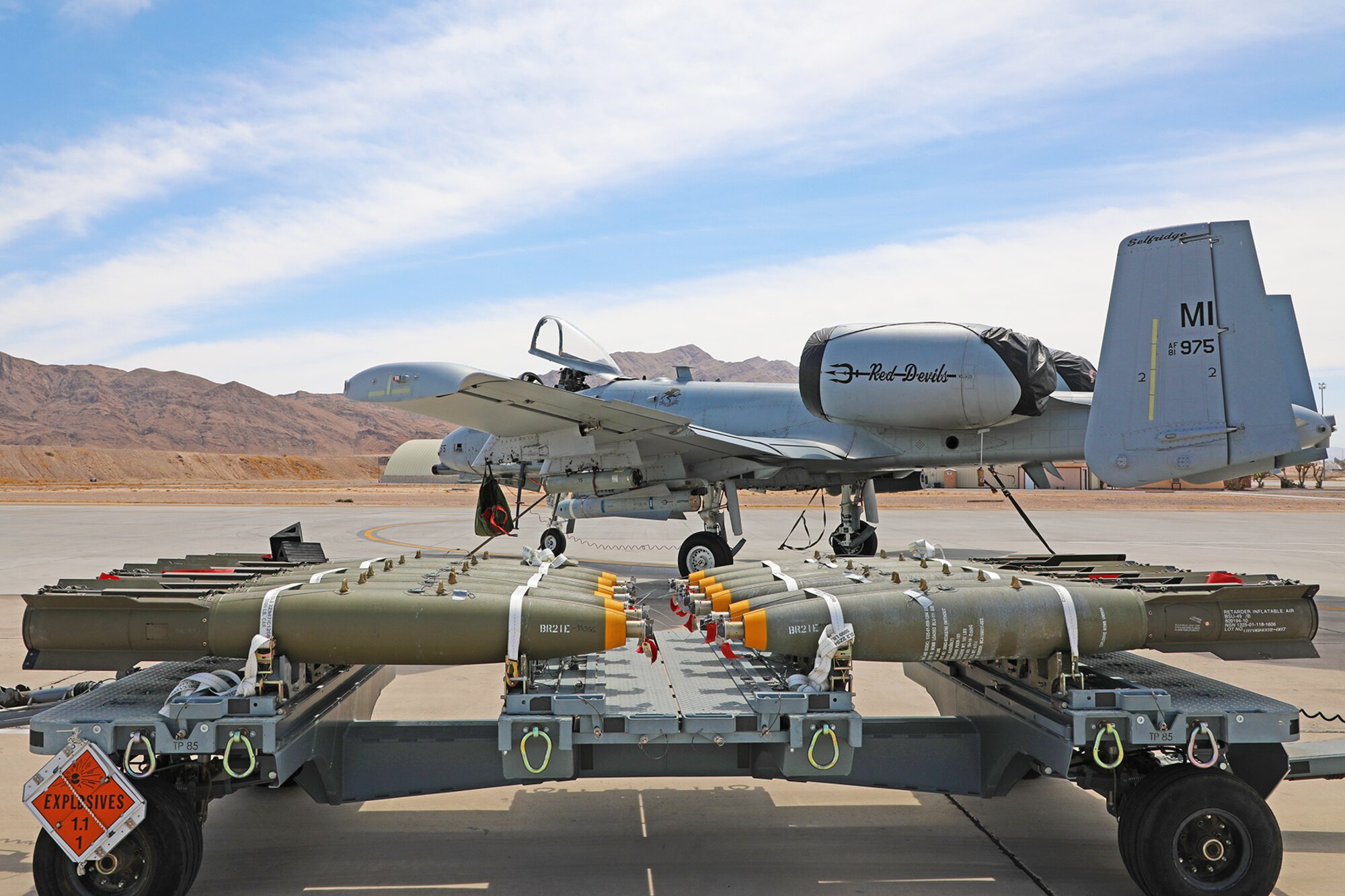 An A-10 Thunderbolt II aircraft from the Michigan Air National Guard’s 107th Fighter Squadron, 127th Wing, is staged to be loaded with weapons at Nellis Air Force Base, Nevada, April 9, 2021. Airmen from the 127th Wing are participating in Green Flag-West, a Joint Force combat exercise, to ensure maximum combat readiness. (U.S. Air National Guard photo by Staff Sgt. Drew Schumann)