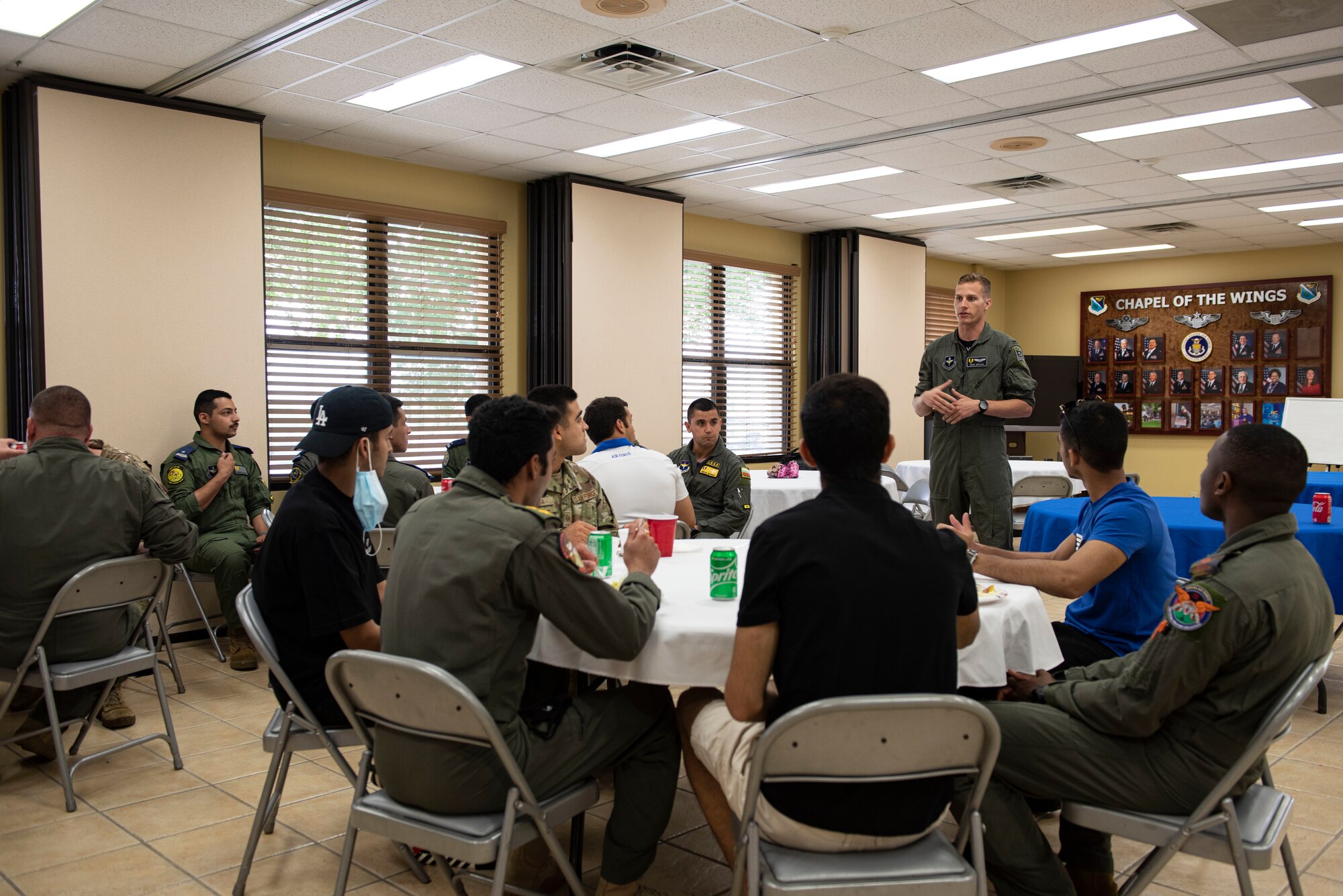 International students at Laughlin Air Force Base, Texas gather to share their cultures and heritage and celebrate one another together May. 14, 2021.  Legislators and higher leadership.
Recognized the extraordinarily unique opportunity the Military Services have through daily face-to-face contact with the IMS to advance peaceful and democratic principles worldwide. (U.S. Air Force photo by Airman 1st Class David Phaff)