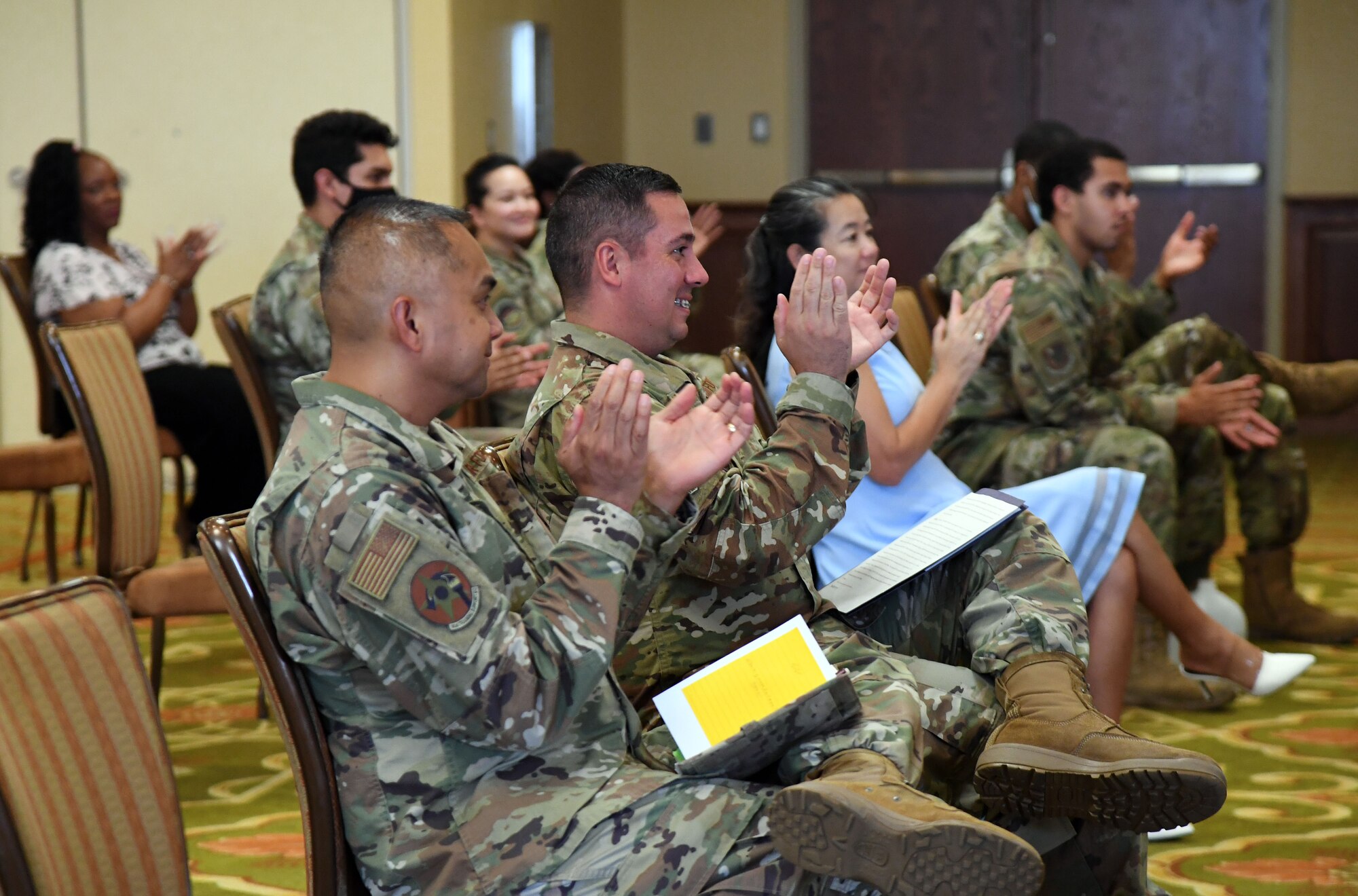 Keesler personnel attend the Asian American and Pacific Islander Heritage Month event inside the Bay Breeze Event Center at Keesler Air Force Base, Mississippi, May 17, 2021. The speaker, Anh "Joseph" Cao, spoke about his journey to becoming the first Vietnamese American to serve in U.S. Congress. (U.S. Air Force photo by Kemberly Groue)