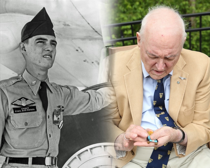 A photo on the left shows a young man touching an airplane; on the right is an older man looking down at a medal in his hand.