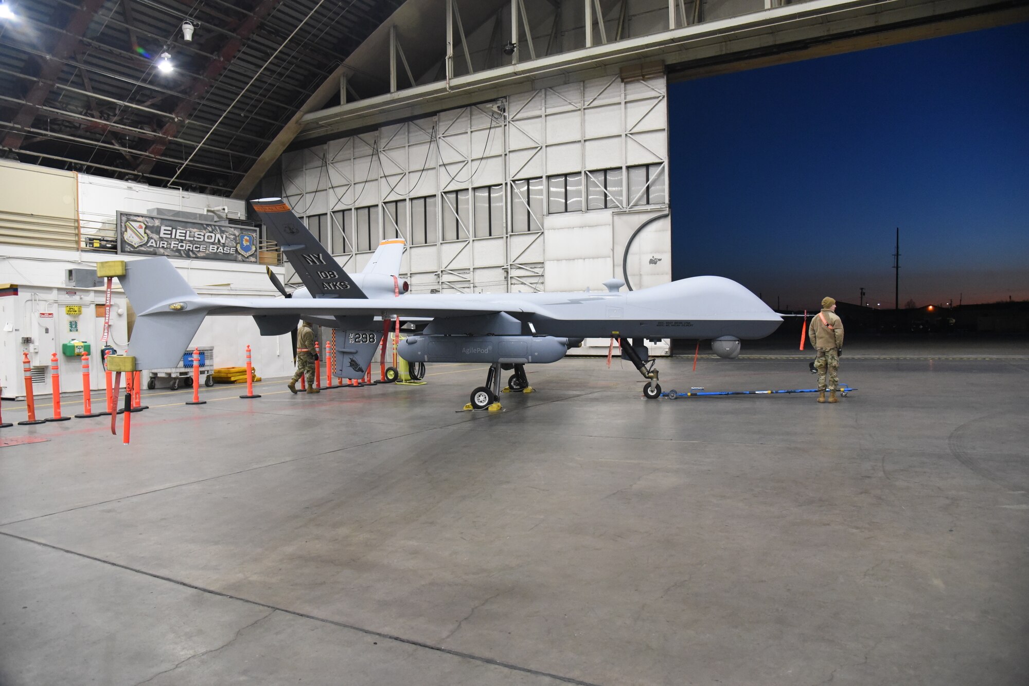 A 174th Attack Wing MQ-9 Reaper prepares for flight at Eielson Air Force Base during exercise Northern Edge 21. The 174th has partnered with multiple DoD contractors and academia to lead the effort in establishing new and additional capabilities for the MQ-9 Reaper. This two-week long exercise that took place from May 3-15. Northern Edge is Alaska’s premier joint-training exercise designed to practice operations and enhance interoperability among the services. (U.S. Air National Guard photo by Airman 1st Class Tiffany Scofield )