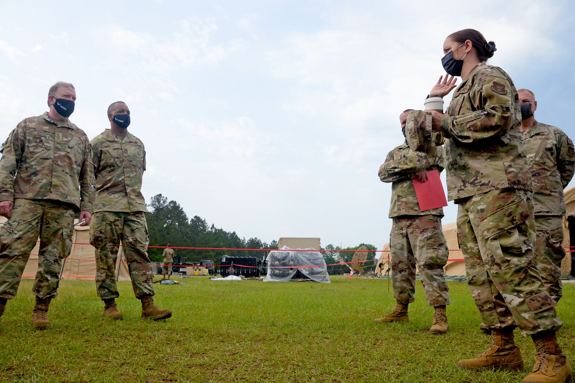 Lt. Gen. Richard Scobee, chief of the Air Force Reserve and commander of Air Force Reserve Command, and Chief Master Sgt. Timothy White Jr., senior enlisted advisor to the chief of the Air Force Reserve and command chief master sergeant of AFRC, answer questions from combat communications Reserve Citizen Airmen of the 960th Cyberspace Wing, April 29, 2021, at Robins Air Force Base, Georgia. (U.S. Air Force photo by Tech. Sgt. Samantha Mathison)