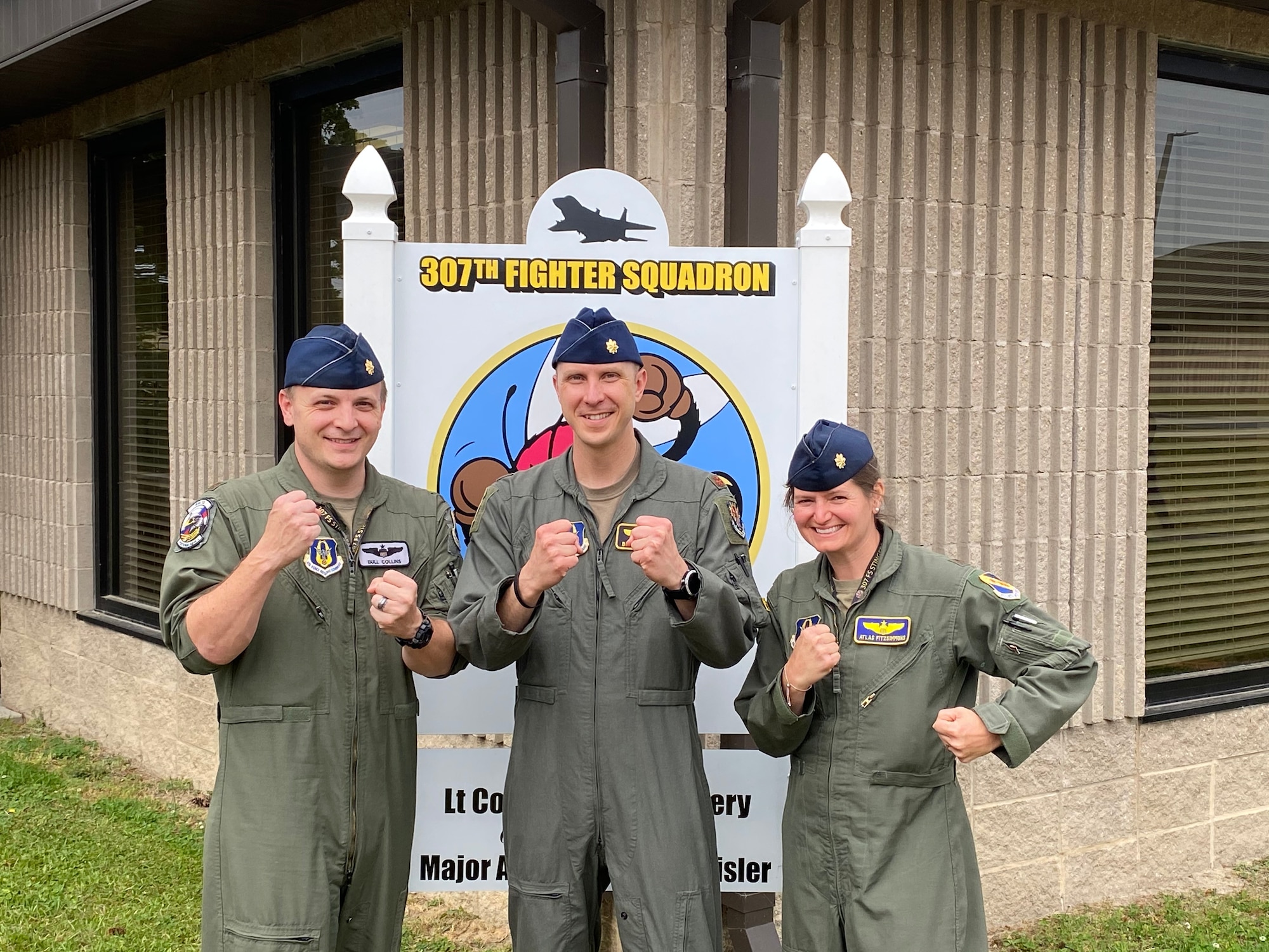 (Left to Right) Maj Skyler Collins, 4th Training Squadron director of operation, Maj Andrew Sisler, 307th Fighter Squadron DO, and Maj Bridgett Fitzsimmons, 334rd FS DO.