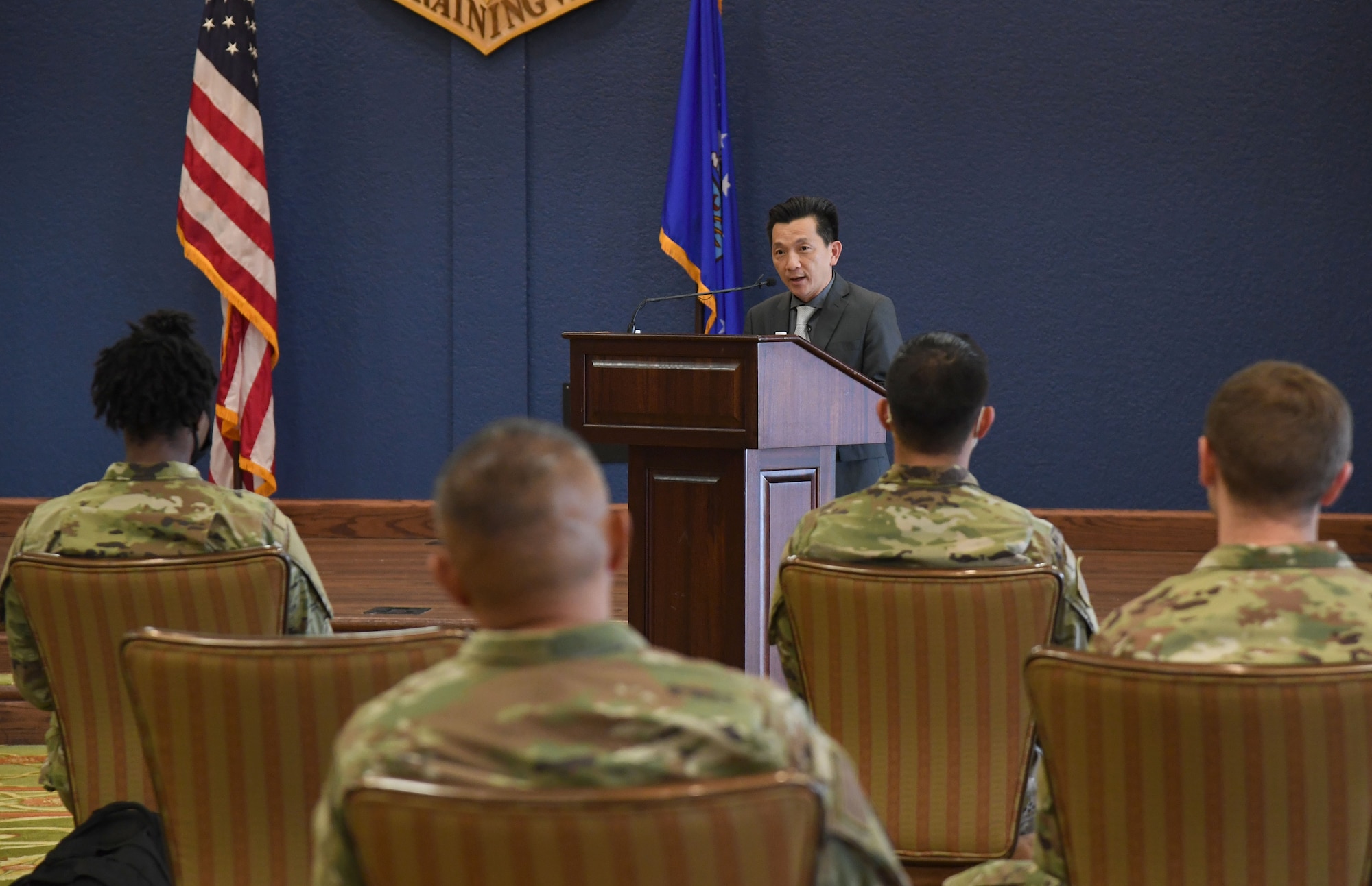 Anh "Joseph" Cao, the first Vietnamese American to serve in U.S. Congress based in New Orleans, delivers remarks in honor of Asian American and Pacific Islander Heritage Month inside the Bay Breeze Event Center at Keesler Air Force Base, Mississippi, May 17, 2021. Asian American and Pacific Islander Heritage Month is celebrated throughout the month of May. (U.S. Air Force photo by Kemberly Groue)