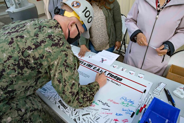 Puget Sound Naval Shipyard & Intermediate Maintenance Facility leaders and employees signed C.A.R.E. pledges and banners during two events May 18, 2021, at locations throughout the shipyard in Bremerton, Washington.