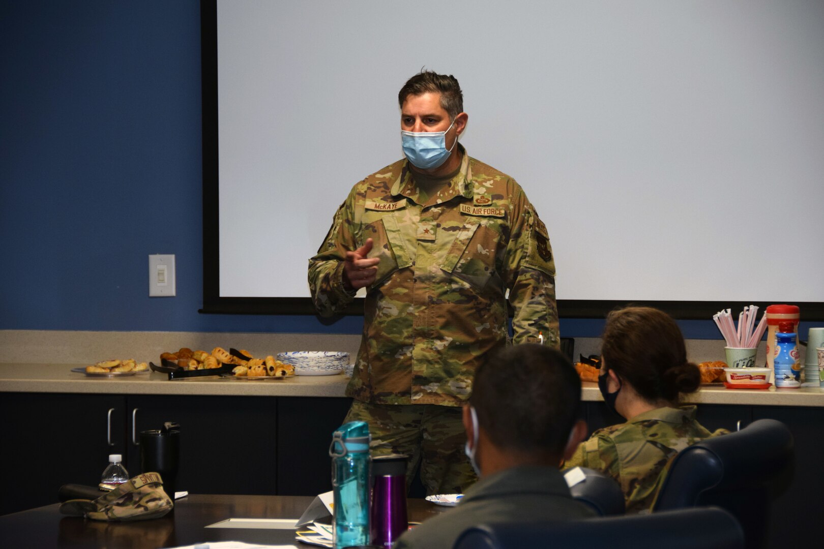 Brig. Gen. John McKaye, director of intelligence, surveillance and reconnaissance, Headquarters Air Force Reserve Command, at Robins Air Force Base, Georgia, talks with 433rd Airlift Wing personnel during a visit to the wing, May 1, 2021, at Joint Base San Antonio-Lackland, Texas. McKaye wanted to emphasis the importance of being able to bring up concerns and being able to reach out for support. (U. S. Air Force photo by Tech. Sgt. Iram Carmona)