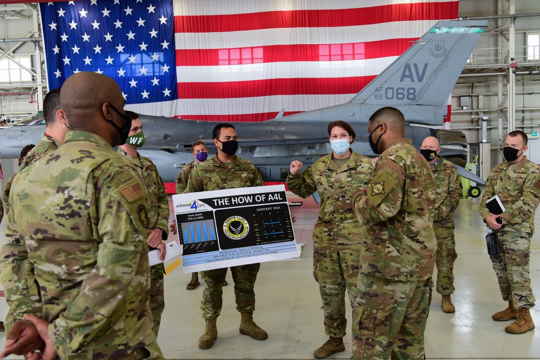 Chief Master Sgt. Phillip Easton, U.S. European Command senior enlisted leader, speaks to Airmen from the 31st Maintenance Squadron to discuss the “Airmen 4 Life” program at Aviano Air Base, Italy, May 13, 2021. During his visit to the base Easton spoke with Airmen about the “Airmen 4 Life” program and how beneficial it is for their daily lives. (U.S. Air Force photo by Senior Airman Jessica Blair)