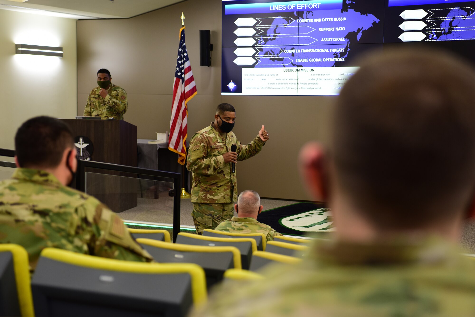 U.S. Air Force Chief Master Sgt. Phillip Easton, U.S. European Command senior enlisted leader, speaks at a first sergeants professional development seminar, at Aviano Air Base, Italy, May 13, 2021. During his visit to the base Easton spoke to the First Sergeants attending the course to provide an important perspective on the current state of affairs for enlisted members serving in Europe. He explained the command structure, priorities, and partnership for the EUCOM and 22 partner nations. (U.S. Air Force photo by Senior Airman Jessica Blair)
