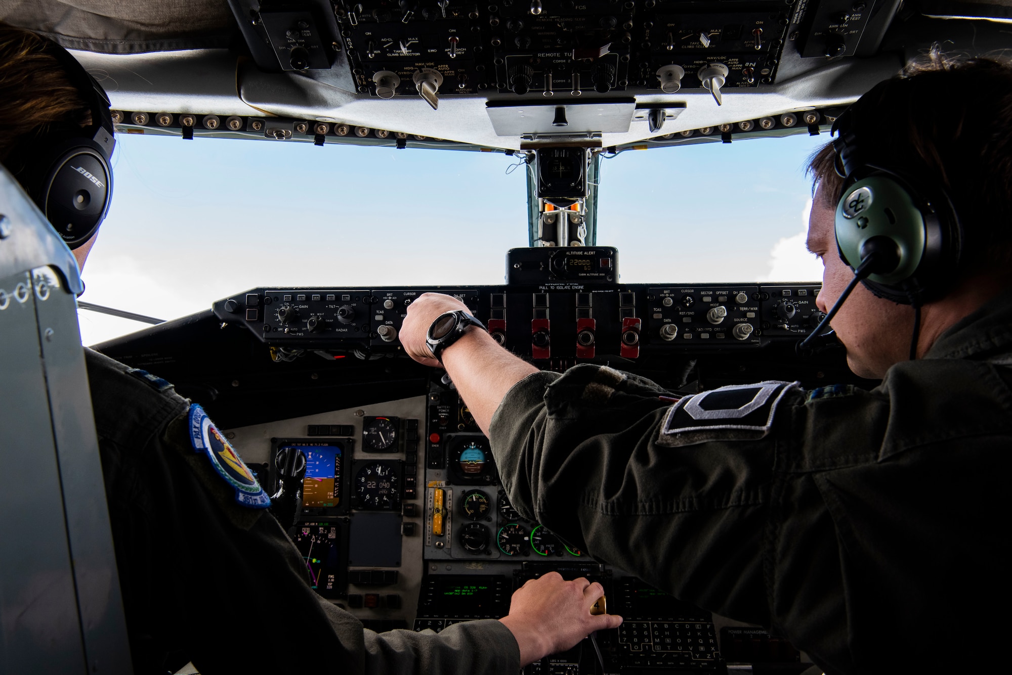 U.S. Air Force Capt. Ellis Field, left, and Capt. Dylan Saint Marie, 351st Air Refueling Squadron pilot, fly a KC-135 Stratotanker aircraft  during exercise Astral Knight 21 over Europe, May 18, 2021.
