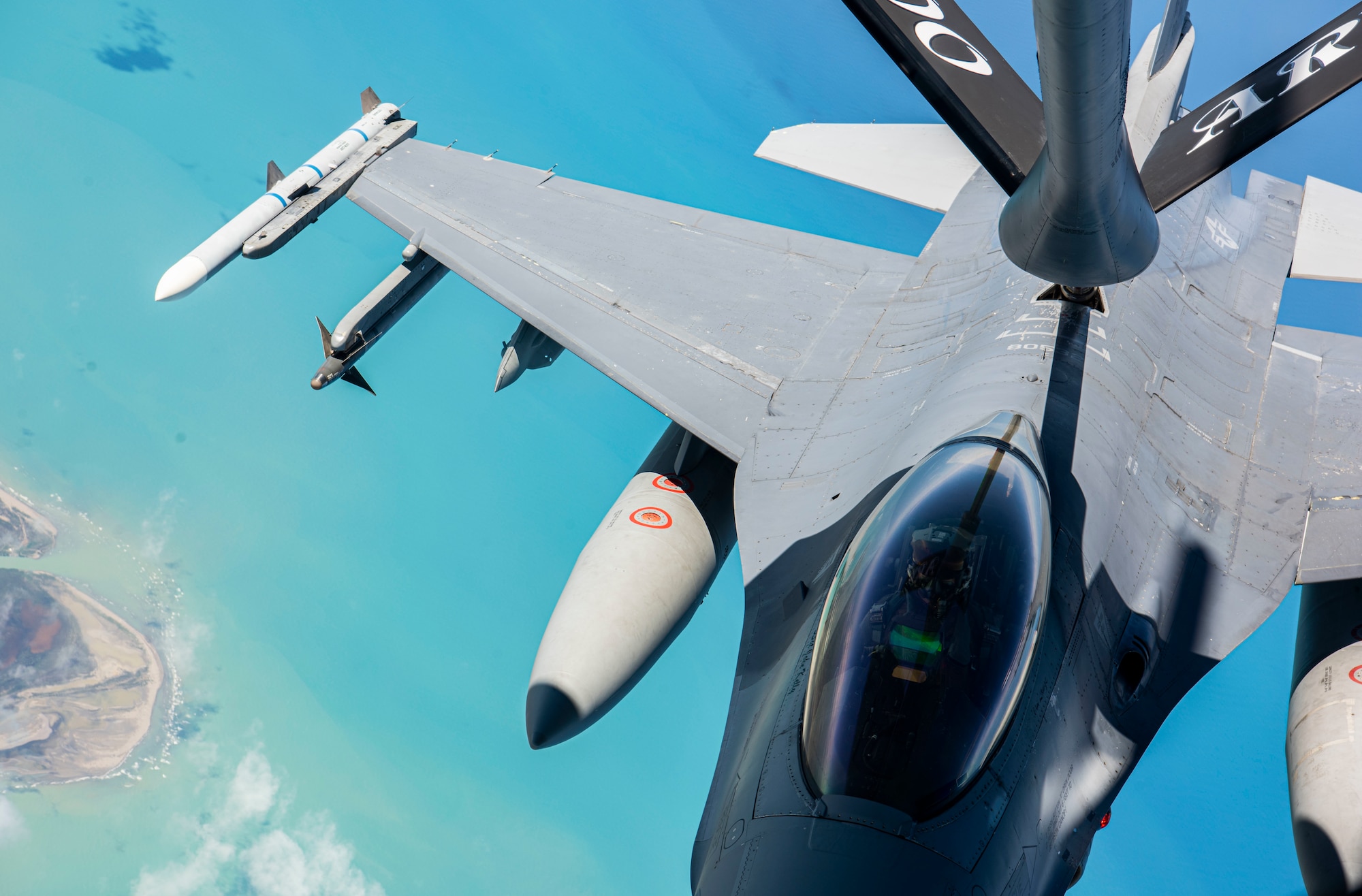 A U.S. Air Force KC-135 Stratotanker assigned to the 100th Air Refueling Wing refuels a U.S. Air Force F-16C Fighting Falcon during exercise Astral Knight 21 over the Adriatic Sea, May 18, 2021.