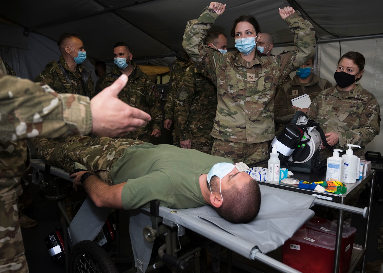 U.S. Air Force Tech. Sgt. Susanna Wohlford, Colorado Air National Guard, 140th Medical Group medic, trains with a defibrillator during exercise ADRIATIC STRIKE 21 in Ljubljana, Slovenia, May 17, 2021. The exercise is part of DEFENDER-EUROPE 21, testing the command’s ability to integrate 30,000 U.S., allied, and partner forces from 26 nations to conduct operations in more than a dozen nations from the Baltics to Africa, to the Black Sea and Balkan regions.