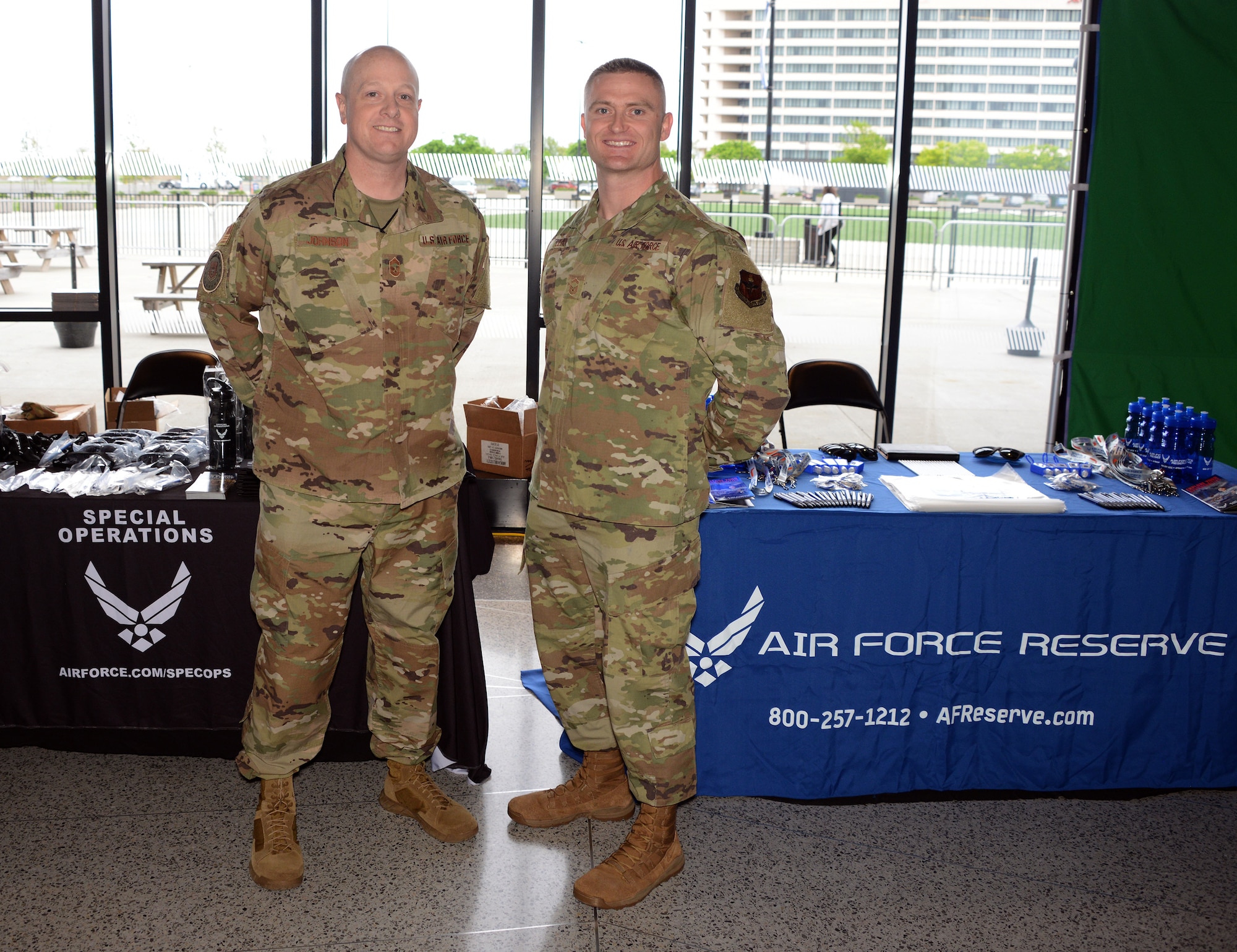 Chief Master Sgt. Michael Johnson, currently the Air Force Recruiting Service chief of strategic marketing, and now-retired Senior Master Sgt. Michael Lear, get set up for the Professional Fighters League event prior to the fights on May 9, 2019 at Nassau Coliseum, Long Island, New York.