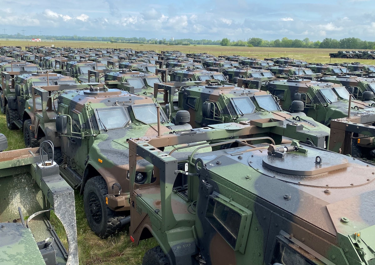 A formation of newly arrived Joint Light Tactical Vehicles lines up at Coleman worksite, assigned to the 405th Army Field Support Brigade’s Army Prepositioned Stock-2 site there. More than 650 JLTVs are arriving to the APS-2 site in Mannheim, Germany, over the next few weeks. The Coleman APS-2 site is the first APS site in the world to receive the JLTVs, which are replacing the Army’s Humvees.
