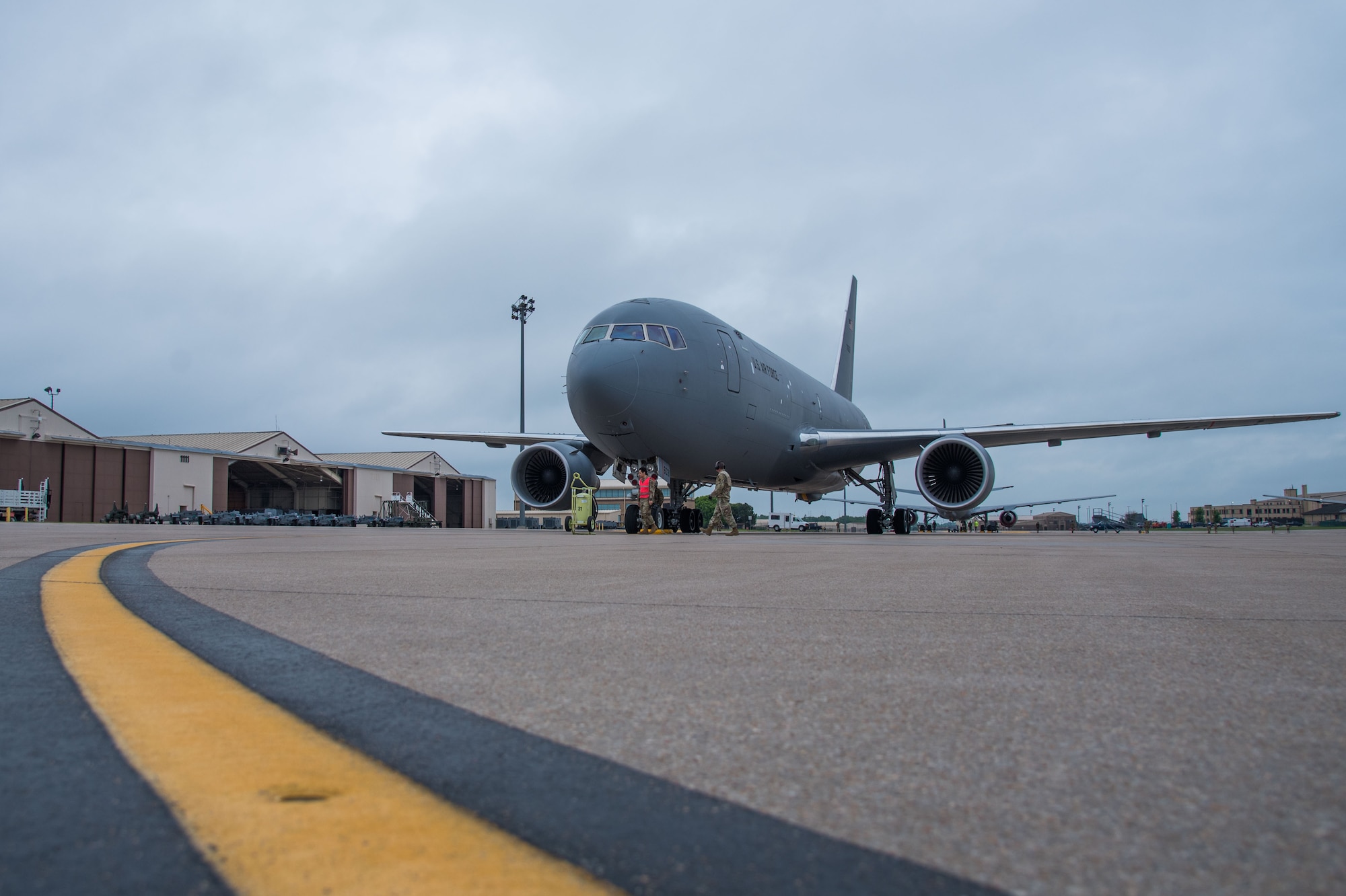 A KC-46A Pegasus prepares to take off to refuel a B-1B Lancer May 17, 2021, at McConnell Air Force Base, Kansas. The crew performed the first air refueling between a KC-46A Pegasus and a B-1B Lancer operational unit. It was a first for the four-person B-1 aircrew as well. (U.S. Air Force photo by Senior Airman Alexi Bosarge)