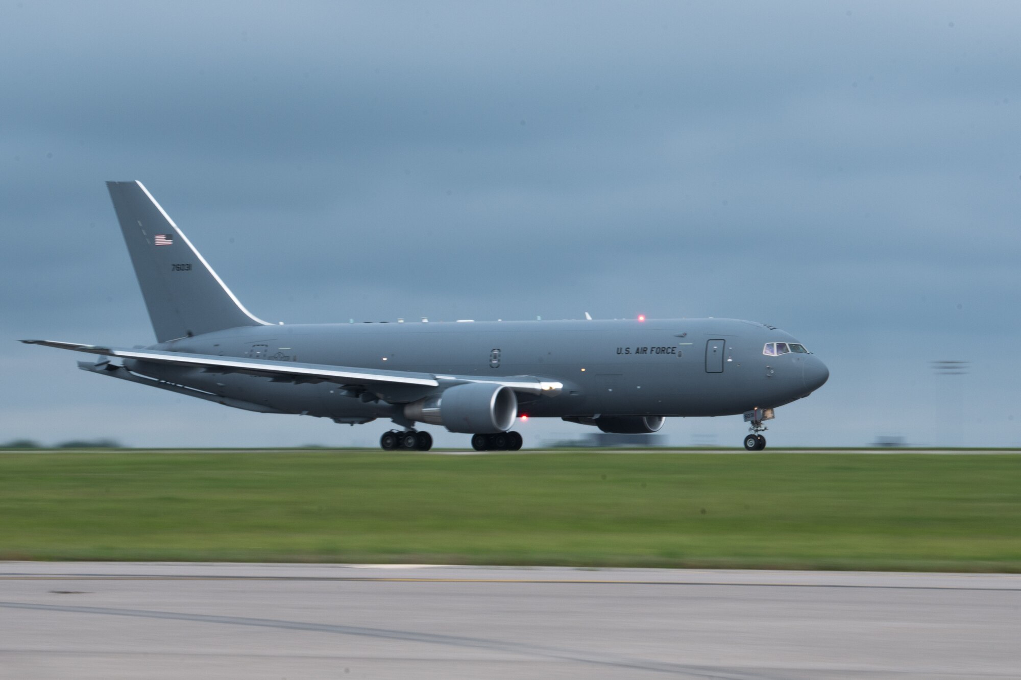 A KC-46A Pegasus, takes off on a mission to refuel a B-1B Lancer May 17, 2021, at McConnell Air Force Base, Kansas. The crews of both the aircraft performed inflight refueling and conducted a full tactical training scenario. (U.S. Air Force photo by Senior Airman Alexi Bosarge)