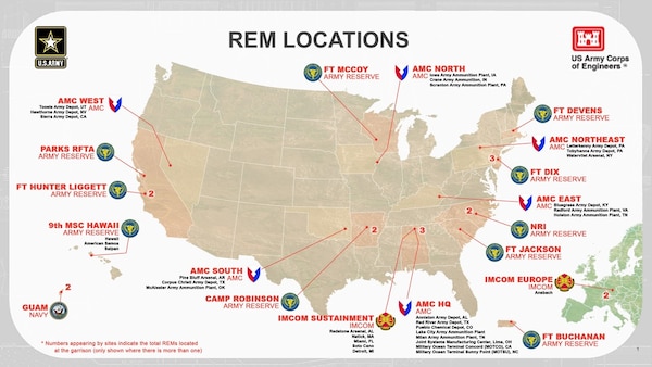 Locations of resource efficiency managers around the world. More than 60 people attended the U.S. Army Engineering and Support Center, Huntsville’s virtual Resource Efficiency Manager Workshop April 27 – 29.  Huntsville center’s REM program identifies practices and projects reducing energy and water costs through a contracted subject-matter expert.