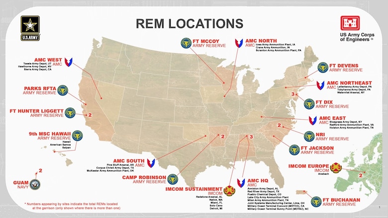 Locations of resource efficiency managers around the world. More than 60 people attended the U.S. Army Engineering and Support Center, Huntsville’s virtual Resource Efficiency Manager Workshop April 27 – 29.  Huntsville center’s REM program identifies practices and projects reducing energy and water costs through a contracted subject-matter expert.