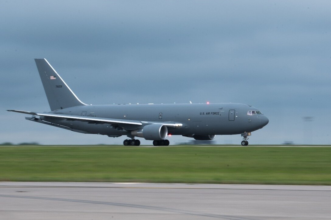 A KC-46A Pegasus takes off from McConnell Air Force Base, Kan, to conduct a refueling mission with a B-1B Lancer May 17, 2021.