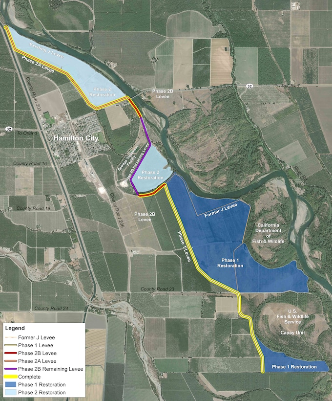 Map showing phases of work for the Hamilton City Flood Damage Reduction and Ecosystem Restoration Project.