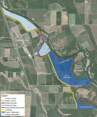 Map showing phases of work for the Hamilton City Flood Damage Reduction and Ecosystem Restoration Project.