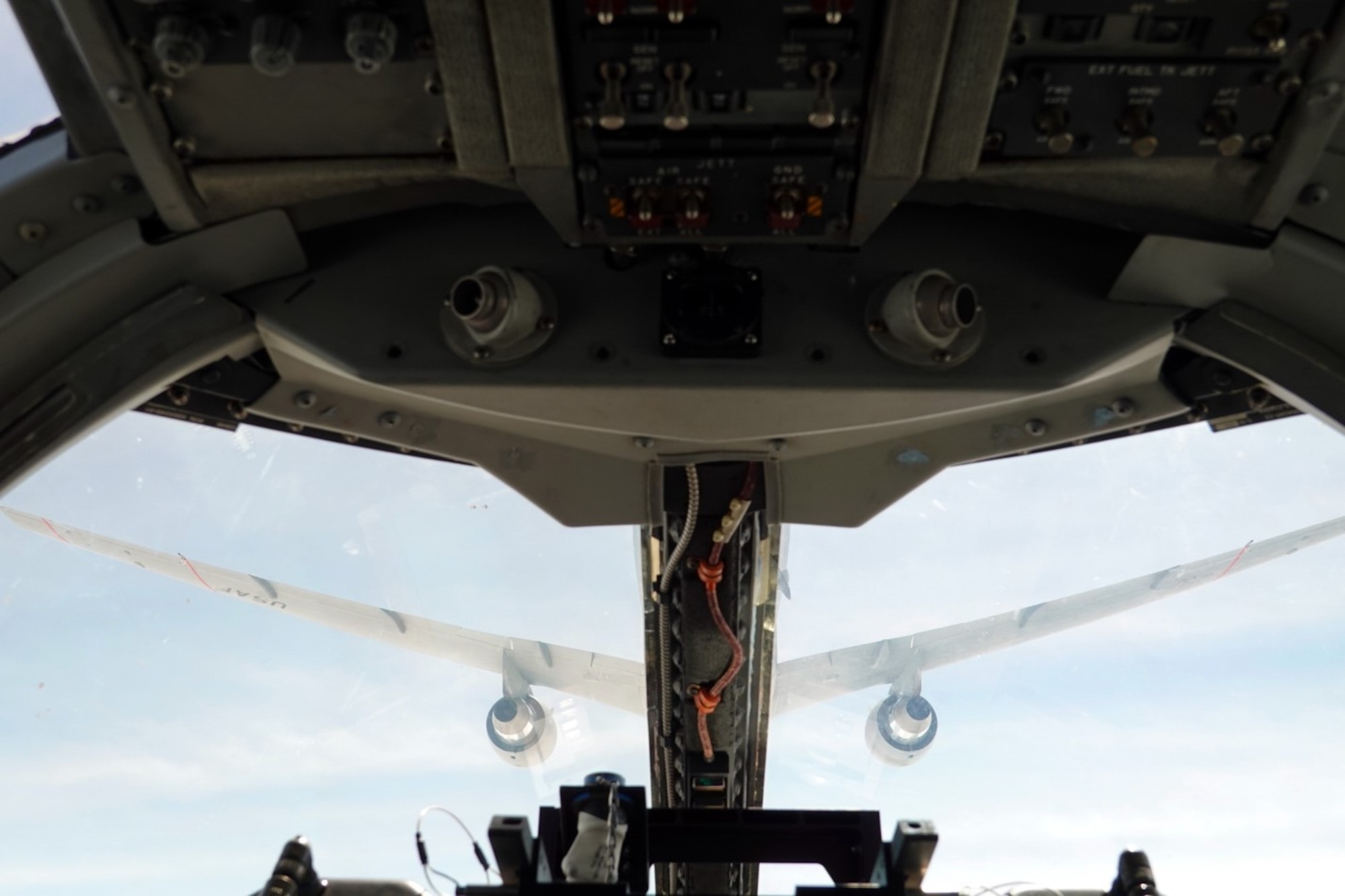 A B-1B Lancer from the 37th Bomb Squadron, Ellsworth Air Force Base, S.D., edges closer to the fueling boom of a KC-46A Pegasus from McConnell Air Force Base, Kan., as part of a refueling mission May 17, 2021.