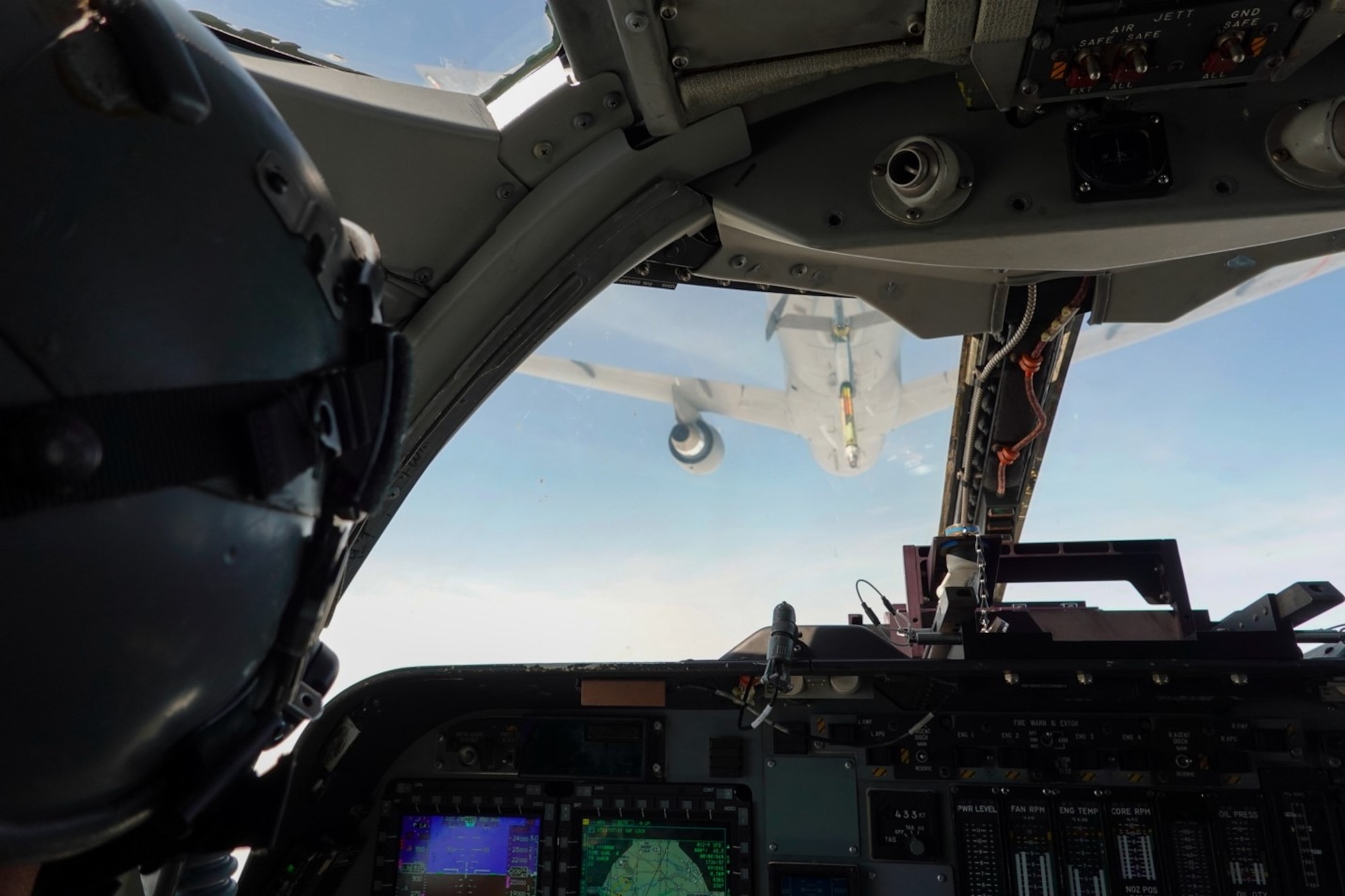 A B-1B Lancer pilot from the 37th Bomb Squadron, Ellsworth Air Force Base, S.D., watches and evaluates the distance of his aircraft to the fueling boom of a KC-46A Pegasus from the 344th Air Refueling Squadron, McConnell Air Force Base, Kan., during a refueling training mission May 17, 2021.