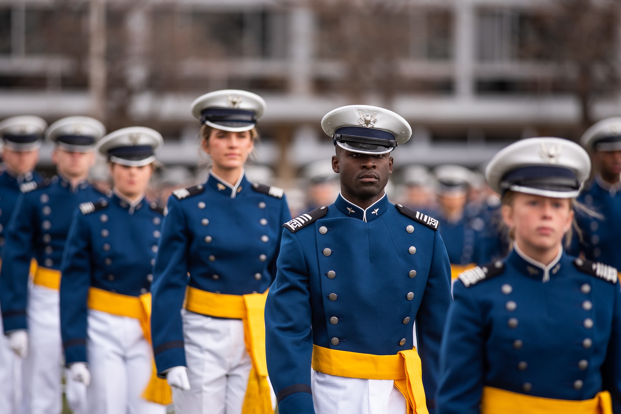 U.S. Air Force Academy -- Cadets march on to the terrazzo to start the U.S. Air Force Academy's Class of 2020 Graduation Ceremony at the Air Force Academy in Colorado Springs, Colo., April 18, 2020. Nine-hundred-sixty-seven cadets crossed the stage to become the Air Force/Space Force’s newest second lieutenants. (U.S. Air Force photo/Ana Siqueiros)