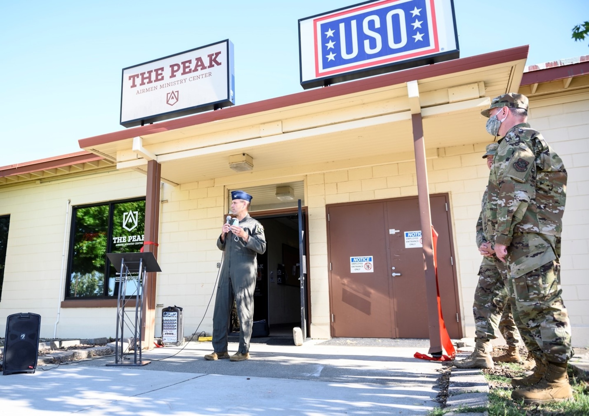 U.S. Air Force Col. Zachery Jiron, 60th Air Mobility Wing vice commander, speaks during a ceremony commemorating the re-opening of the Peak Café May 19, 2021, at Travis Air Force Base, California. The re-opening, which was also attended by Chief Master Sgt. Robert Schultz, 60th AMW command chief, represented a step towards normalcy for the base that, for over a year, has paused many of its recreational activities due to COVID-19.