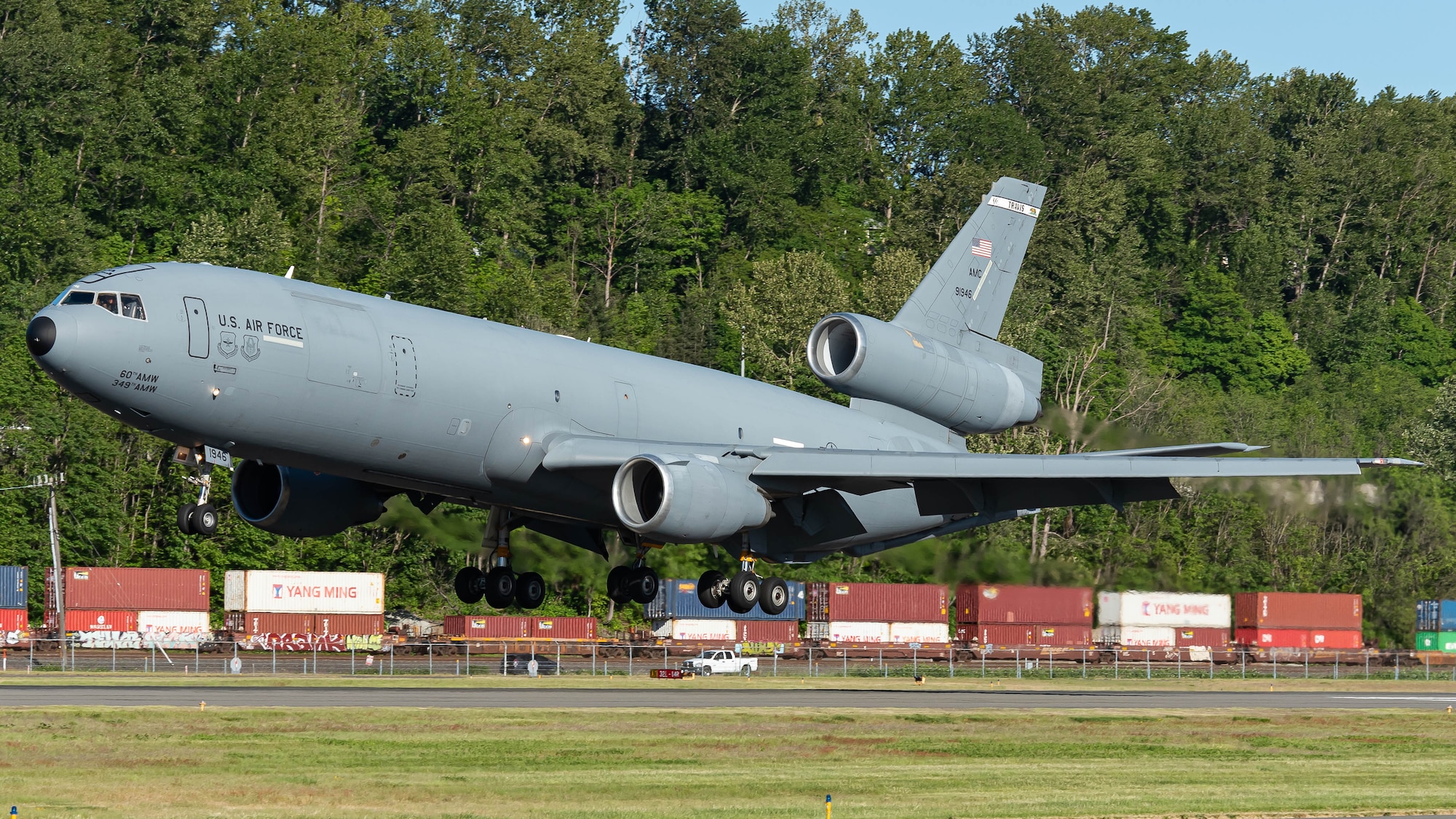A KC-10 Extender from Travis Air Force Base, California, lands on the runway May 14, 2021 at King County International Airport-Boeing Field, Seattle, Washington.